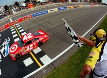 Juan Pablo Montoya takes his second career NASCAR Sprint Cup Series checkered flag, winning the Heluva Good! Sour Cream Dips At The Glen on Sunday at Watkins Glen International in Watkins Glen, N.Y. Credit: Kevin C. Cox/Getty Images